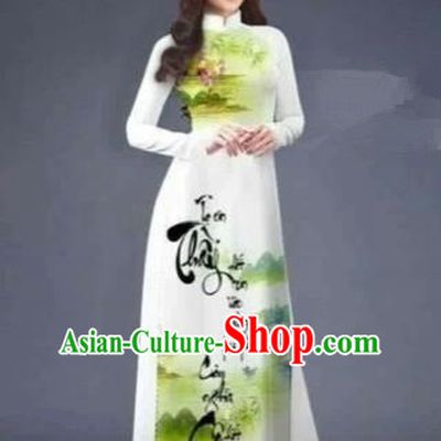 Traditional Top Grade Asian Vietnamese Costumes Classical Ink Painting Cheongsam, Vietnam National Vietnamese Bride Ao Dai Dress for Women