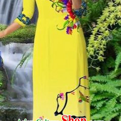 Traditional Top Grade Asian Vietnamese Costumes Classical Yellow Cheongsam, Vietnam National Printing Ao Dai Dress for Women