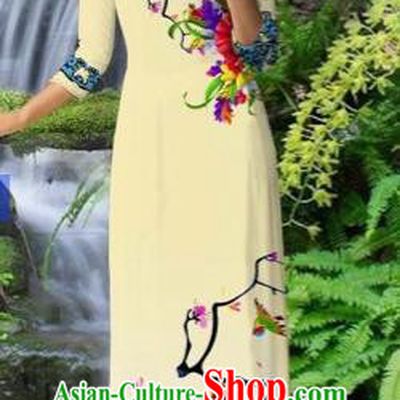 Traditional Top Grade Asian Vietnamese Costumes Classical Light Yellow Cheongsam, Vietnam National Printing Ao Dai Dress for Women