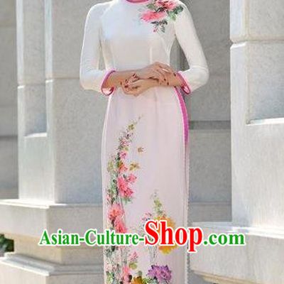 Traditional Top Grade Asian Vietnamese Costumes Classical Printing White Cheongsam, Vietnam National Vietnamese Bride Ao Dai Dress for Women