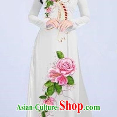 Traditional Top Grade Asian Vietnamese Costumes Classical Printing Flowers Cheongsam Dance Clothing, Vietnam National Vietnamese Bride White Ao Dai Dress for Women