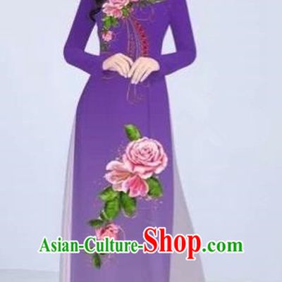 Traditional Top Grade Asian Vietnamese Costumes Classical Printing Flowers Cheongsam Dance Clothing, Vietnam National Vietnamese Bride Purple Ao Dai Dress for Women