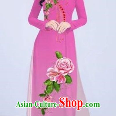 Traditional Top Grade Asian Vietnamese Costumes Classical Printing Flowers Cheongsam Dance Clothing, Vietnam National Vietnamese Bride Pink Ao Dai Dress for Women