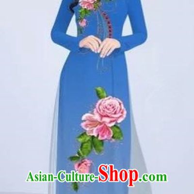 Traditional Top Grade Asian Vietnamese Costumes Classical Printing Flowers Cheongsam Dance Clothing, Vietnam National Vietnamese Bride Blue Ao Dai Dress for Women