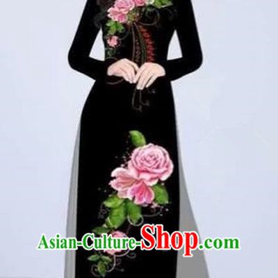 Traditional Top Grade Asian Vietnamese Costumes Classical Printing Flowers Cheongsam Dance Clothing, Vietnam National Vietnamese Bride Black Ao Dai Dress for Women