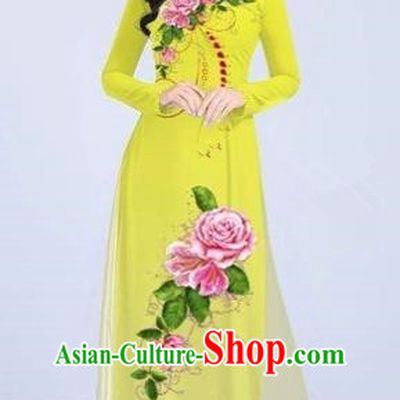 Traditional Top Grade Asian Vietnamese Costumes Classical Printing Flowers Cheongsam Dance Clothing, Vietnam National Vietnamese Bride Yellow Ao Dai Dress for Women