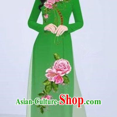Traditional Top Grade Asian Vietnamese Costumes Classical Printing Flowers Cheongsam Dance Clothing, Vietnam National Vietnamese Bride Green Ao Dai Dress for Women