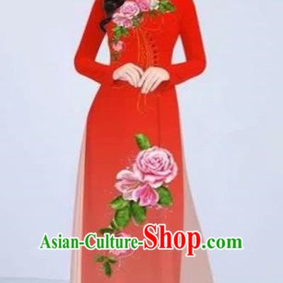 Traditional Top Grade Asian Vietnamese Costumes Classical Printing Flowers Cheongsam Dance Clothing, Vietnam National Vietnamese Bride Red Ao Dai Dress for Women
