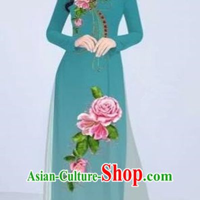 Traditional Top Grade Asian Vietnamese Costumes Classical Printing Flowers Cheongsam Dance Clothing, Vietnam National Vietnamese Bride Lake Blue Ao Dai Dress for Women