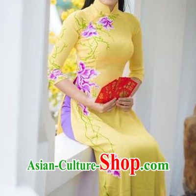 Traditional Top Grade Asian Vietnamese Costumes Classical Hand Painting Flowers Cheongsam Dance Clothing, Vietnam National Vietnamese Bride Ao Dai Dress for Women