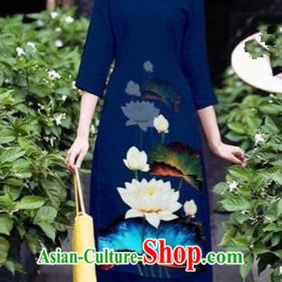 Traditional Top Grade Asian Vietnamese Costumes Classical 3D Printing Flowers Cheongsam Dance Clothing, Vietnam National Vietnamese Navy Ao Dai Dress for Women