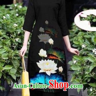 Traditional Top Grade Asian Vietnamese Costumes Classical 3D Printing Flowers Cheongsam Dance Clothing, Vietnam National Vietnamese Black Ao Dai Dress for Women