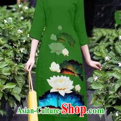 Traditional Top Grade Asian Vietnamese Costumes Classical 3D Printing Flowers Cheongsam Dance Clothing, Vietnam National Vietnamese Green Ao Dai Dress for Women
