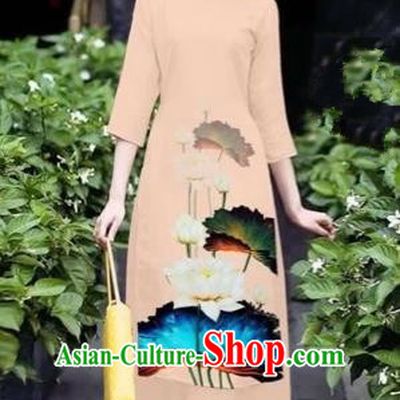 Traditional Top Grade Asian Vietnamese Costumes Classical 3D Printing Flowers Cheongsam Dance Clothing, Vietnam National Vietnamese Khaki Ao Dai Dress for Women