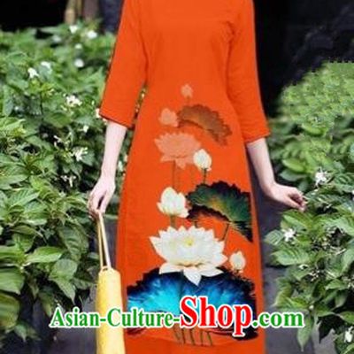 Traditional Top Grade Asian Vietnamese Costumes Classical 3D Printing Flowers Cheongsam Dance Clothing, Vietnam National Vietnamese Orange Ao Dai Dress for Women