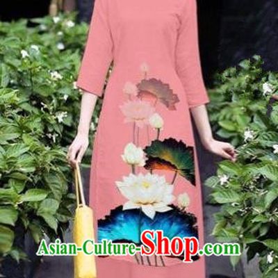 Traditional Top Grade Asian Vietnamese Costumes Classical 3D Printing Flowers Cheongsam Dance Clothing, Vietnam National Vietnamese Pink Ao Dai Dress for Women