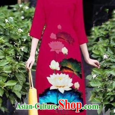 Traditional Top Grade Asian Vietnamese Costumes Classical 3D Printing Flowers Cheongsam Dance Clothing, Vietnam National Vietnamese Wine Red Ao Dai Dress for Women