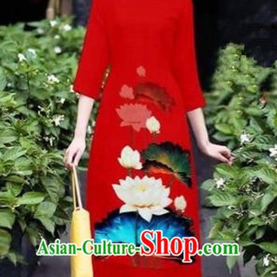Traditional Top Grade Asian Vietnamese Costumes Classical 3D Printing Flowers Cheongsam Dance Clothing, Vietnam National Vietnamese Red Ao Dai Dress for Women