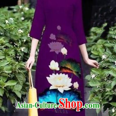 Traditional Top Grade Asian Vietnamese Costumes Classical 3D Printing Flowers Cheongsam Dance Clothing, Vietnam National Vietnamese Purple Ao Dai Dress for Women