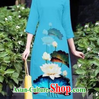 Traditional Top Grade Asian Vietnamese Costumes Classical 3D Printing Flowers Cheongsam Dance Clothing, Vietnam National Vietnamese Blue Ao Dai Dress for Women