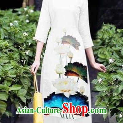 Traditional Top Grade Asian Vietnamese Costumes Classical 3D Printing Flowers Cheongsam Dance Clothing, Vietnam National Vietnamese White Ao Dai Dress for Women