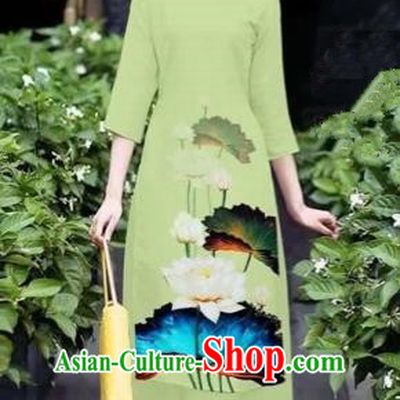 Traditional Top Grade Asian Vietnamese Costumes Classical 3D Printing Flowers Cheongsam Dance Clothing, Vietnam National Vietnamese Green Ao Dai Dress for Women