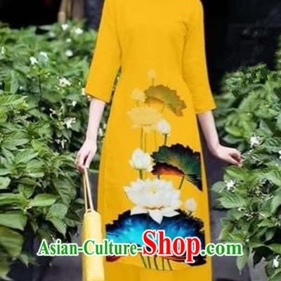 Traditional Top Grade Asian Vietnamese Costumes Classical 3D Printing Flowers Cheongsam Dance Clothing, Vietnam National Vietnamese Yellow Ao Dai Dress for Women