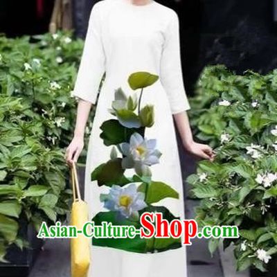 Traditional Top Grade Asian Vietnamese Costumes Classical 3D Printing Lotus Flowers Cheongsam Dance Clothing, Vietnam National Vietnamese White Ao Dai Dress for Women