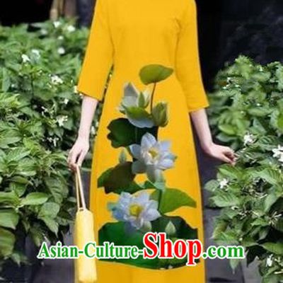 Traditional Top Grade Asian Vietnamese Costumes Classical 3D Printing Lotus Flowers Cheongsam Dance Clothing, Vietnam National Vietnamese Orange Ao Dai Dress for Women