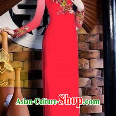 Traditional Top Grade Asian Vietnamese Costumes Classical Printing Toast Wedding Cheongsam, Vietnam National Vietnamese Bride Red Ao Dai Dress for Women