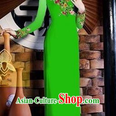 Traditional Top Grade Asian Vietnamese Costumes Classical Printing Toast Wedding Cheongsam, Vietnam National Vietnamese Bride Green Ao Dai Dress for Women