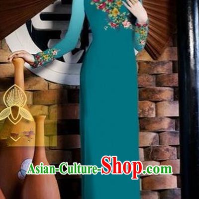 Traditional Top Grade Asian Vietnamese Costumes Classical Printing Toast Wedding Cheongsam, Vietnam National Vietnamese Bride Peacock Blue Ao Dai Dress for Women