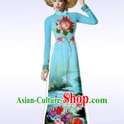 Traditional Top Grade Asian Vietnamese Costumes Classical Landscape Painting Cheongsam, Vietnam National Vietnamese Bride Ao Dai Dress for Women