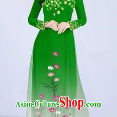 Traditional Top Grade Asian Vietnamese Costumes Classical Painting Flowers Cheongsam, Vietnam National Vietnamese Young Lady Green Ao Dai Dress