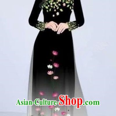 Traditional Top Grade Asian Vietnamese Costumes Classical Painting Flowers Cheongsam, Vietnam National Vietnamese Young Lady Black Ao Dai Dress