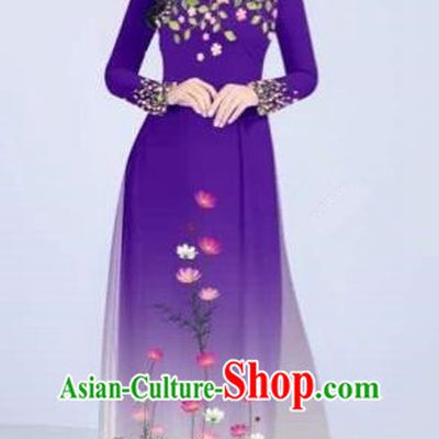 Traditional Top Grade Asian Vietnamese Costumes Classical Painting Flowers Cheongsam, Vietnam National Vietnamese Young Lady Purple Ao Dai Dress