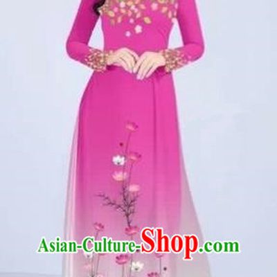 Traditional Top Grade Asian Vietnamese Costumes Classical Painting Flowers Cheongsam, Vietnam National Vietnamese Young Lady Pink Ao Dai Dress