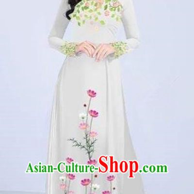 Traditional Top Grade Asian Vietnamese Costumes Classical Painting Flowers Cheongsam, Vietnam National Vietnamese Young Lady White Ao Dai Dress