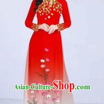 Traditional Top Grade Asian Vietnamese Costumes Classical Painting Flowers Cheongsam, Vietnam National Vietnamese Young Lady Red Ao Dai Dress