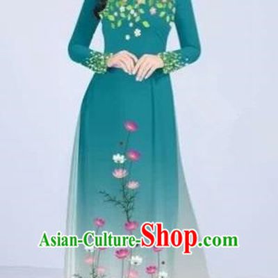 Traditional Top Grade Asian Vietnamese Costumes Classical Painting Flowers Cheongsam, Vietnam National Vietnamese Young Lady Peacock Blue Ao Dai Dress
