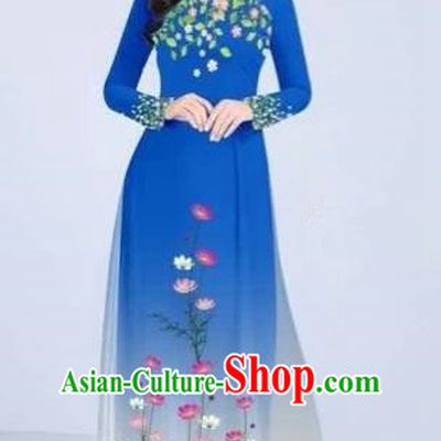 Traditional Top Grade Asian Vietnamese Costumes Classical Painting Flowers Cheongsam, Vietnam National Vietnamese Young Lady Blue Ao Dai Dress