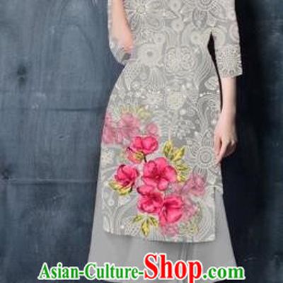 Traditional Top Grade Asian Vietnamese Costumes Classical Painting Short Grey Cheongsam, Vietnam National Vietnamese Young Lady Ao Dai Dress