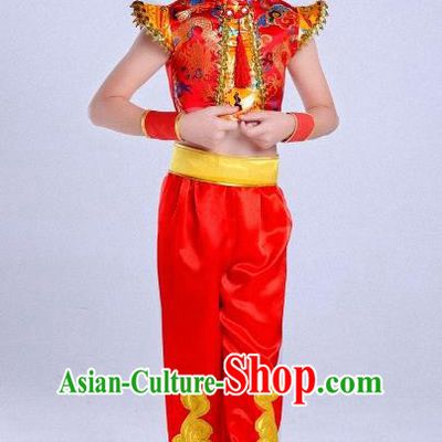 Traditional Chinese Classical Dance Yangge Fan Dance Costume, Children Folk Dance Drum Dance Uniform Yangko Red Clothing for Boys Kids