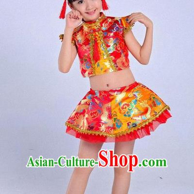Traditional Chinese Classical Dance Yangge Fan Dance Costume, Children Folk Dance Drum Dance Uniform Yangko Red Dress for Girls Kids