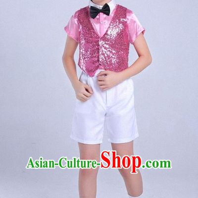 Top Grade Professional Performance Catwalks Costume, Children Chorus Clothing Modern Dance Pink Uniforms for Boys Kids