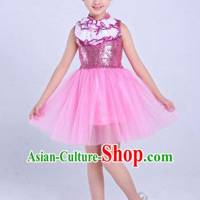 Top Grade Professional Performance Catwalks Costume, Children Chorus Full Dress Modern Dance Little Princess Pink Bubble Dress for Girls Kids