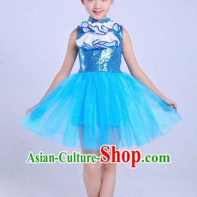 Top Grade Professional Performance Catwalks Costume, Children Chorus Full Dress Modern Dance Little Princess Blue Bubble Dress for Girls Kids