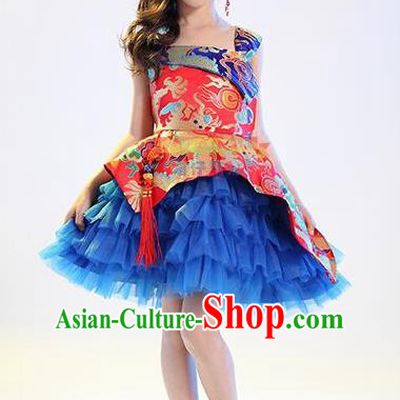 Top Grade Professional Performance Catwalks Costume, China Style Dragon Children Chorus Full Dress Modern Dance Little Princess Blue Bubble Dress for Girls Kids