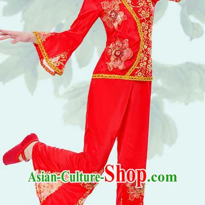 Traditional Chinese Classical Dance Yangge Fan Dancing Costume, Folk Dance Drum Dance Uniforms Yangko Red Clothing Set for Women