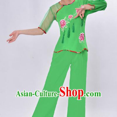 Traditional Chinese Classical Dance Yangge Fan Dancing Costume, Folk Dance Drum Dance Uniforms Yangko Green Clothing Set for Women